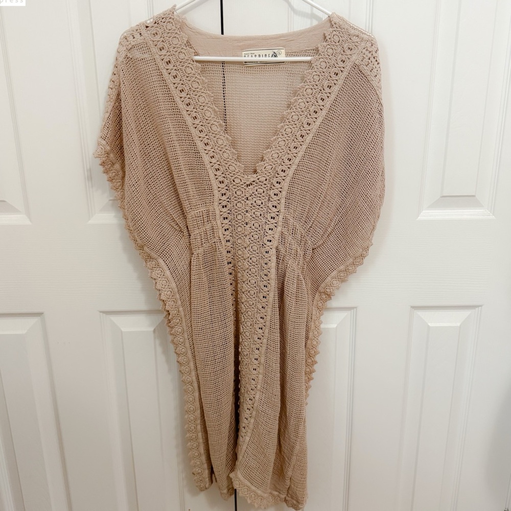 Crochet Peruvian Cotton Taupe Swim Coverup NWOT
